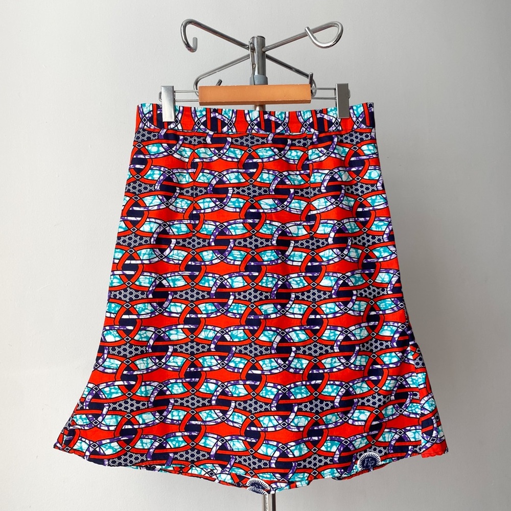 ☀️ Red & Blue African Wax Print Mini Trumpet Skirt – Handmade